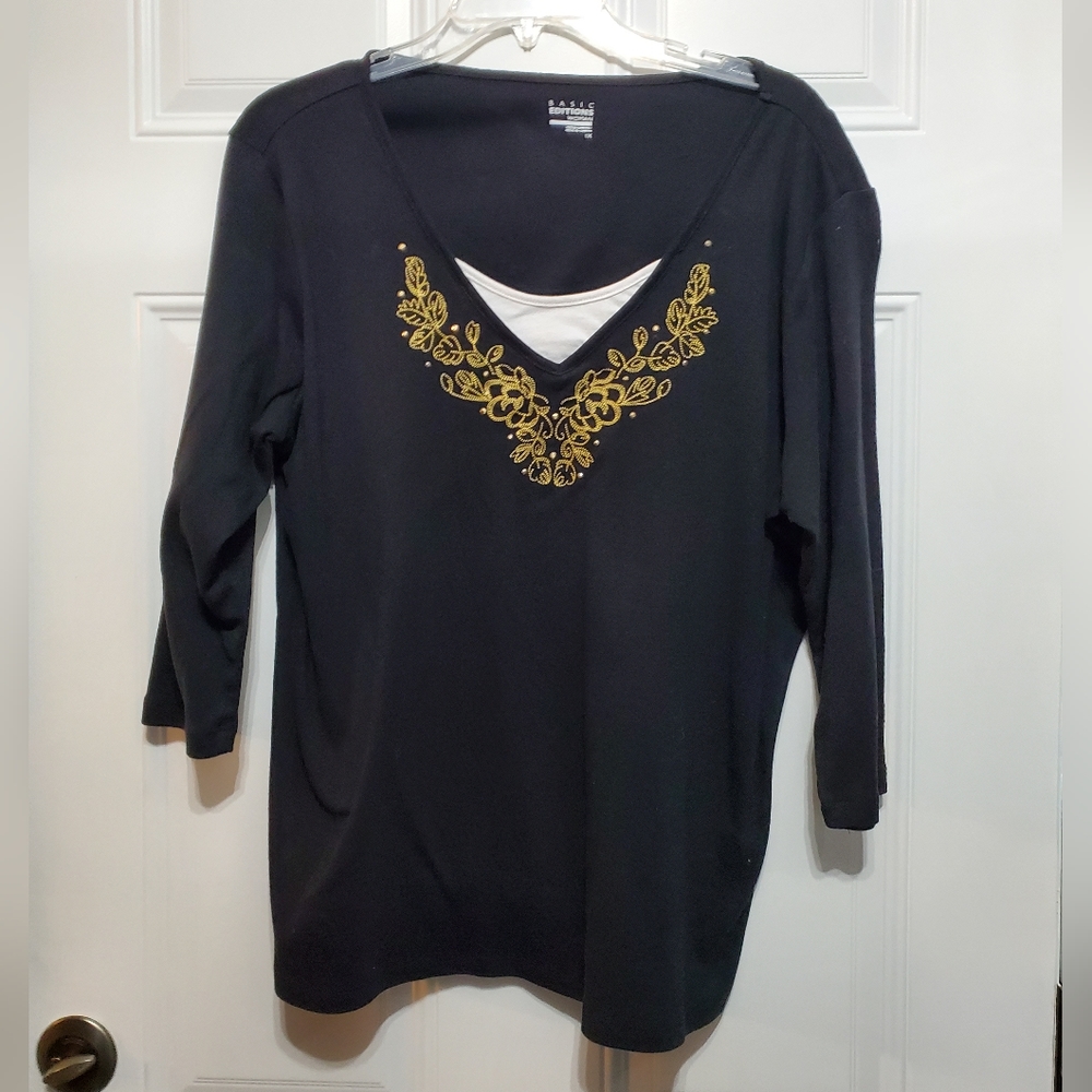Basic Editions Black & Gold 3/4 Sleeve T-Shirt Top